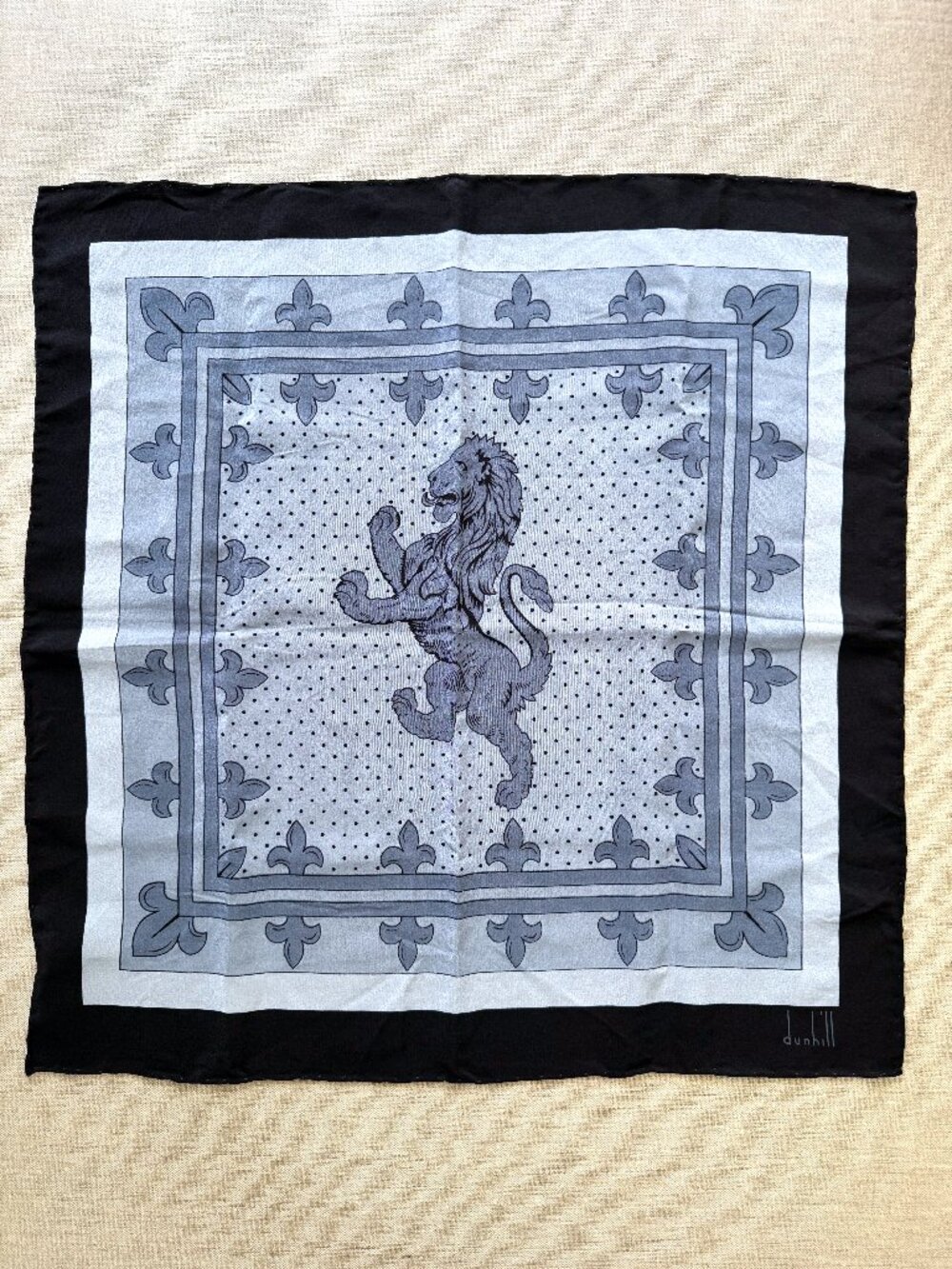 Dunhill Silk Pocket Square (Heraldic Lion & Fleur-de-Lis, Made in Italy)